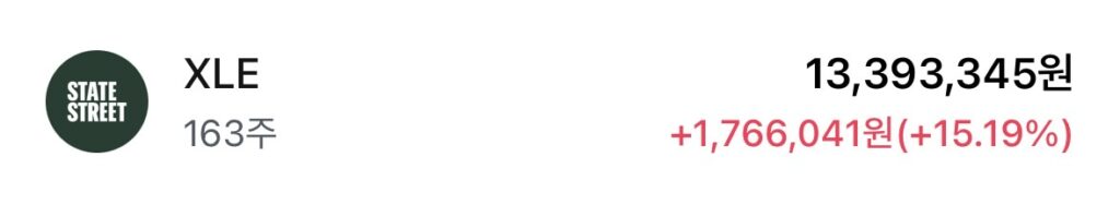 XLE ETF 163주 보유 및 수익률 15% 인증 계좌 화면