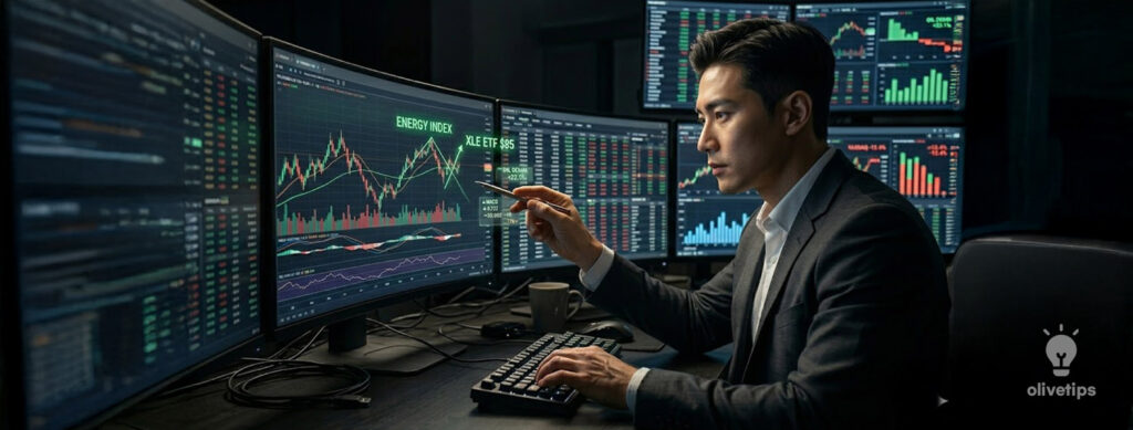 전문 투자자가 모니터에서 주식 캔들 차트를 분석하는 모습