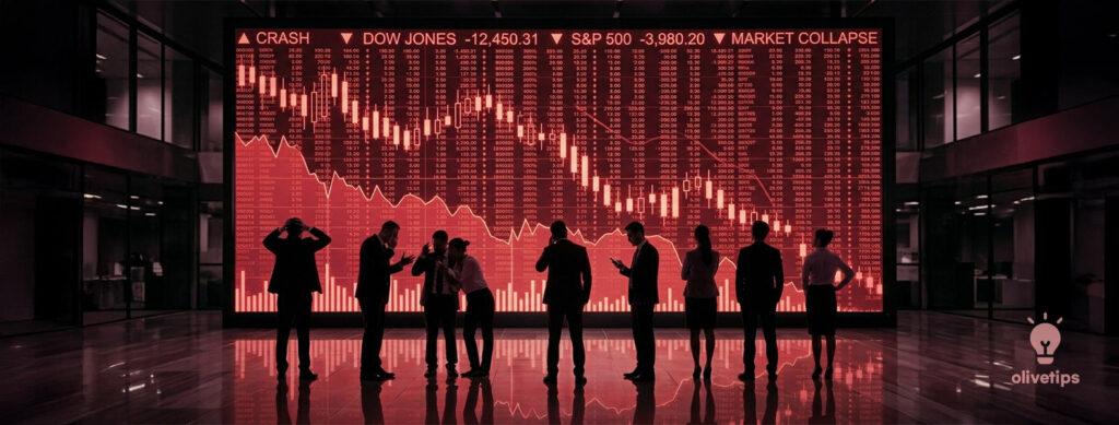 하락장 투자 방법을 설명하는 버건디 톤의 입체적인 주식 차트 하락 이미지